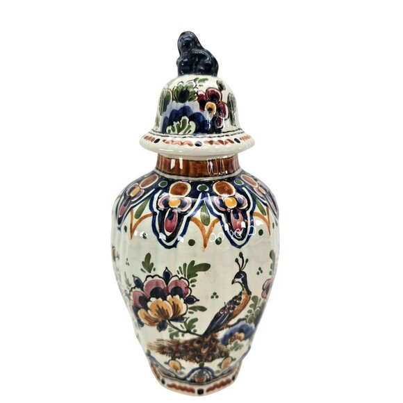 Hand-Painted Delft Ceramic Ginger Jar With Lid & Floral Peacock Design je132 - Picture 1 of 12